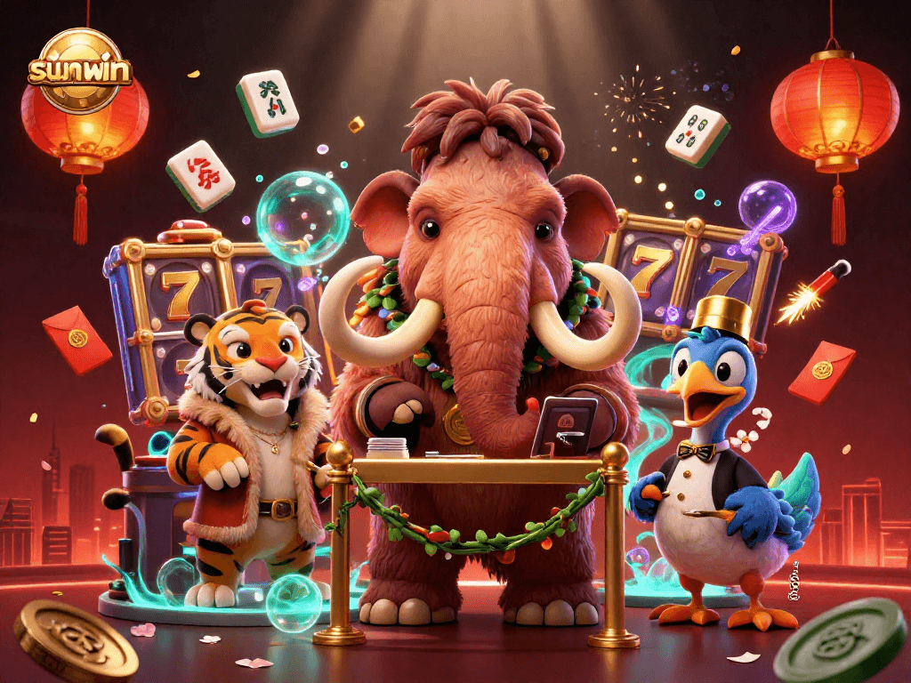 Join the fun at sunwin casino with a vibrant scene of cartoon characters and gaming elements.