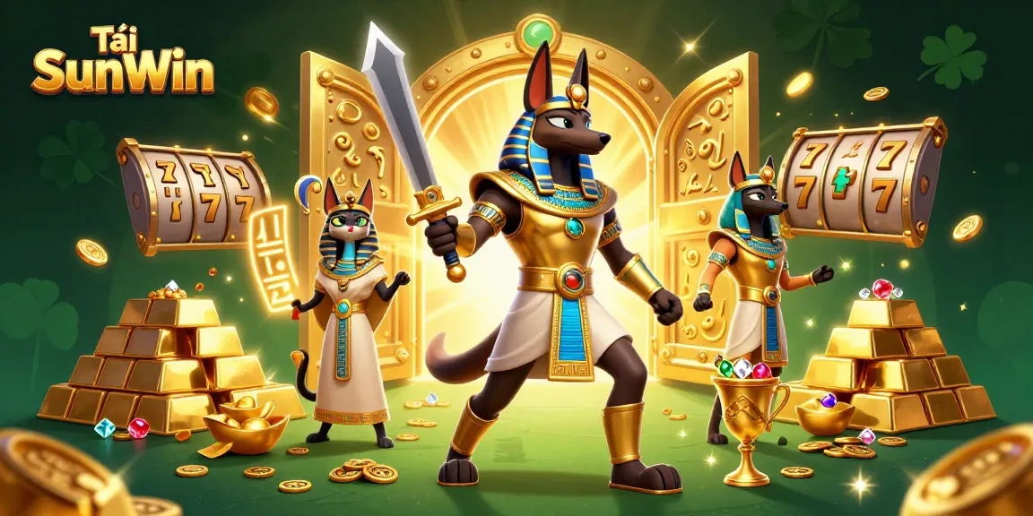 Engage with Tải SunWin's vibrant casino adventure featuring Anubis and Bastet amidst treasure.
