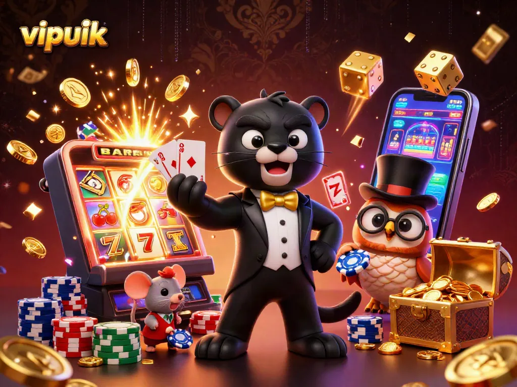 Engage with vipluck as a stylish black panther deals cards with an owl and mouse, amid vibrant casino elements.