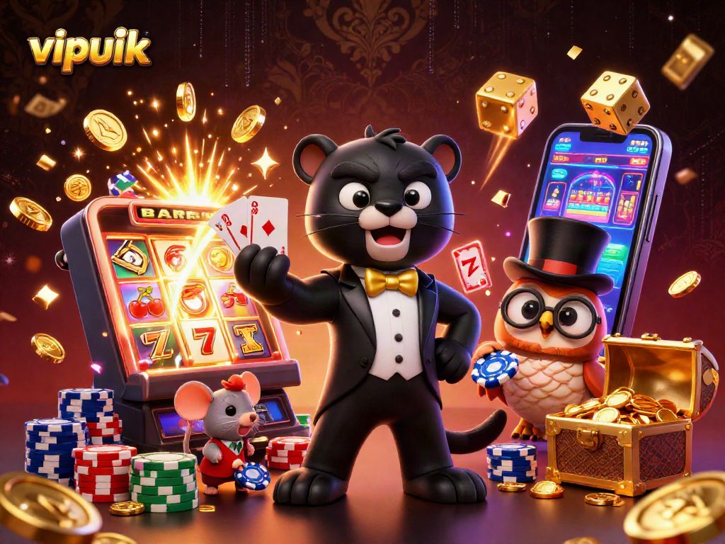 Engage with vipluck as a stylish black panther deals cards with an owl and mouse, amid vibrant casino elements.