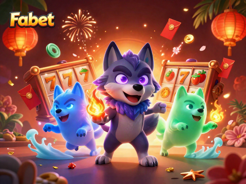 Place bets and spin reels with Fabet in this vibrant casino-themed 3D illustration.