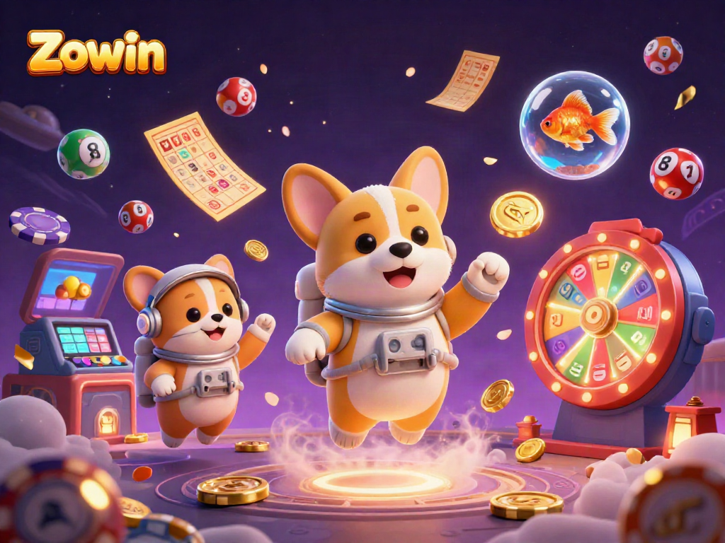 Experience the Zowin universe with a 3D rendering of an astronaut corgi surrounded by dynamic casino elements.