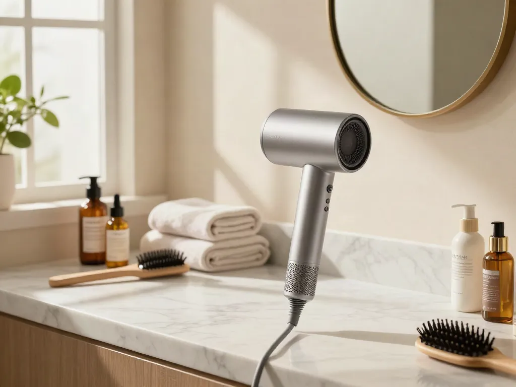 Laifen Air Pro Haartrockner in einem eleganten Badezimmer mit luxuriösen Haarpflegeprodukten.