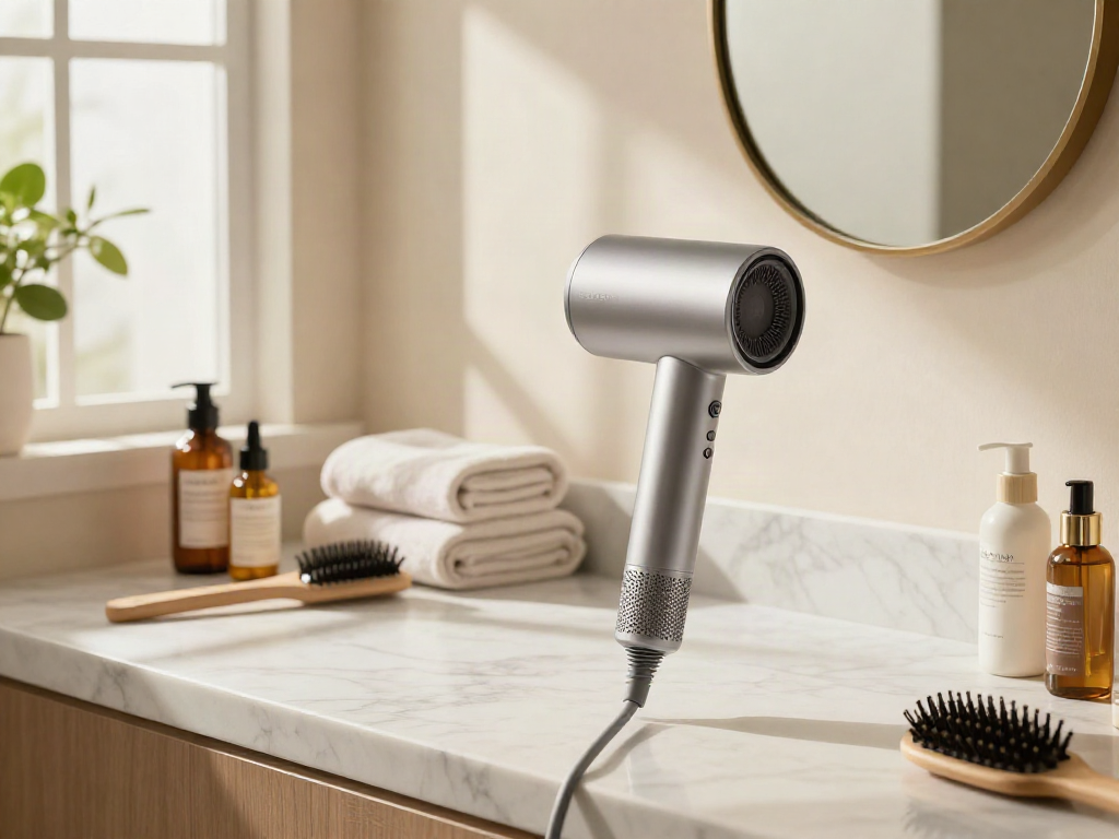 Laifen Air Pro Haartrockner in einem eleganten Badezimmer mit luxuriösen Haarpflegeprodukten.