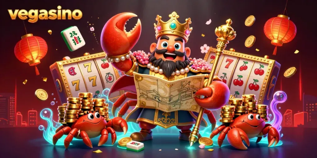 Experience the excitement of vegasino with this vibrant 3D casino illustration featuring a golden crab emperor.