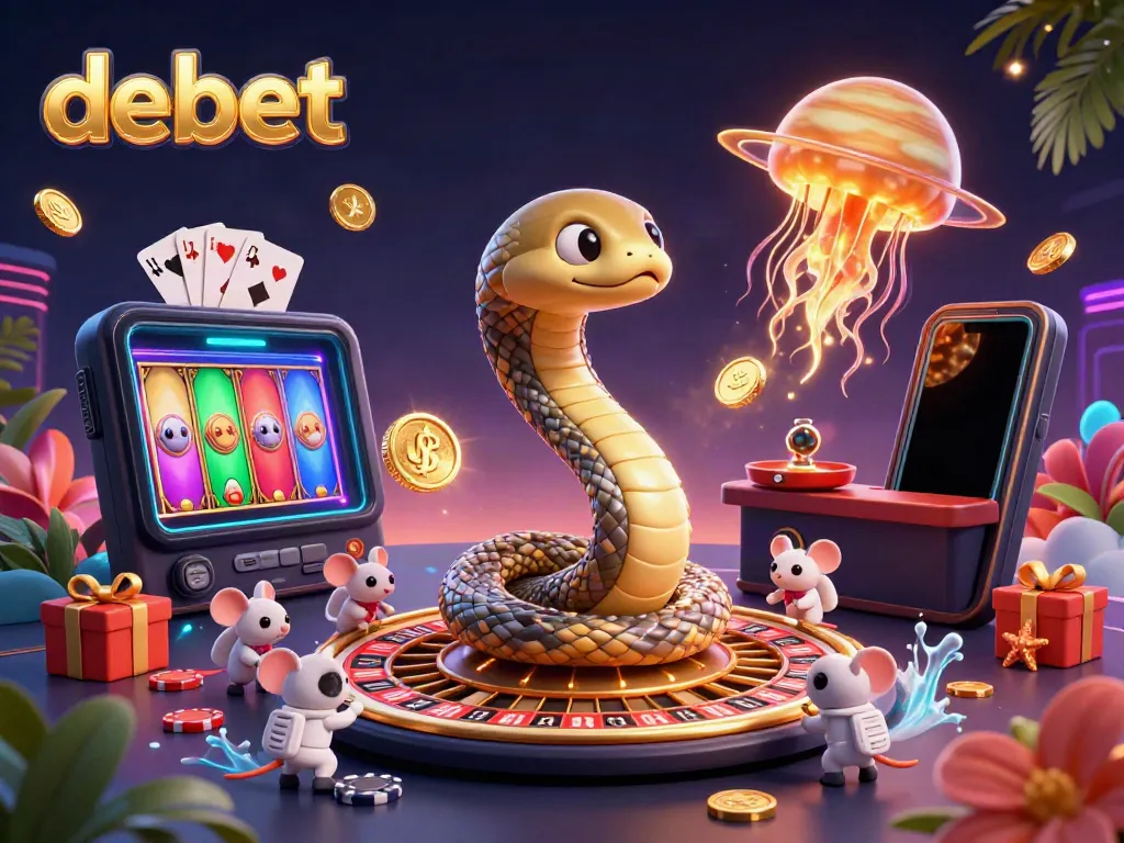 Experience debet's thrilling gaming scene with cosmic characters in a vibrant, dynamic casino illustration.