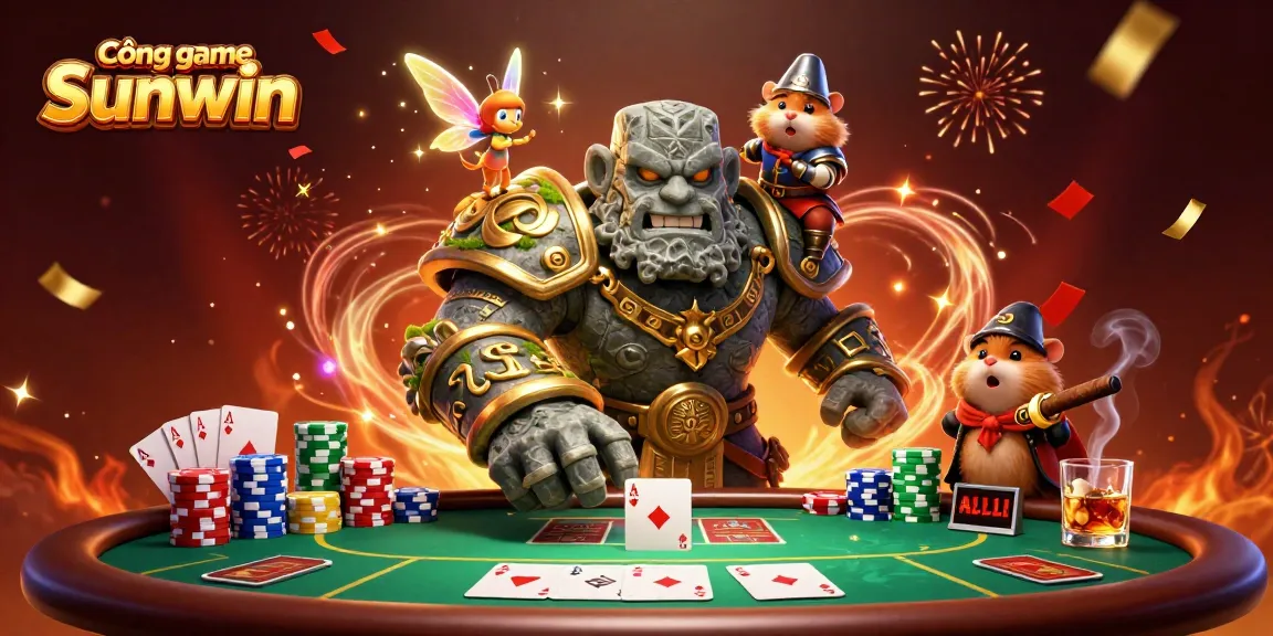 Engage with Cổng game Sunwin by exploring vibrant poker elements surrounded by festive characters.