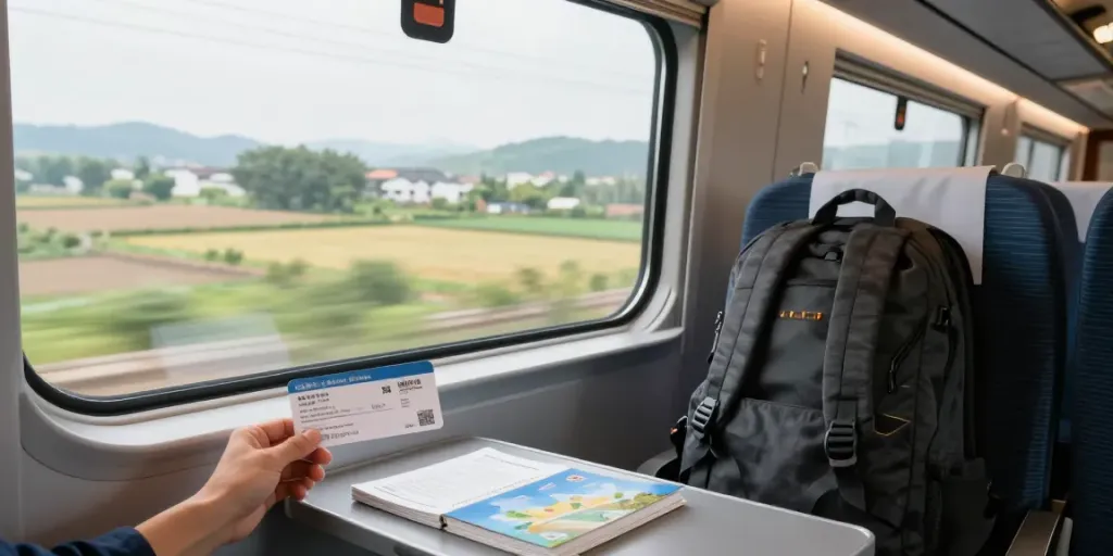 Tickets für Hochgeschwindigkeitszüge – Reisender im Zug, begeistert von der Landschaft.