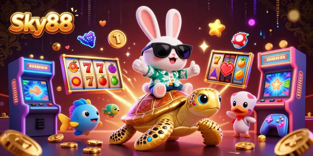 Sky88 showcases an exciting casino scene featuring a lucky rabbit and golden turtle with vibrant slot machines.