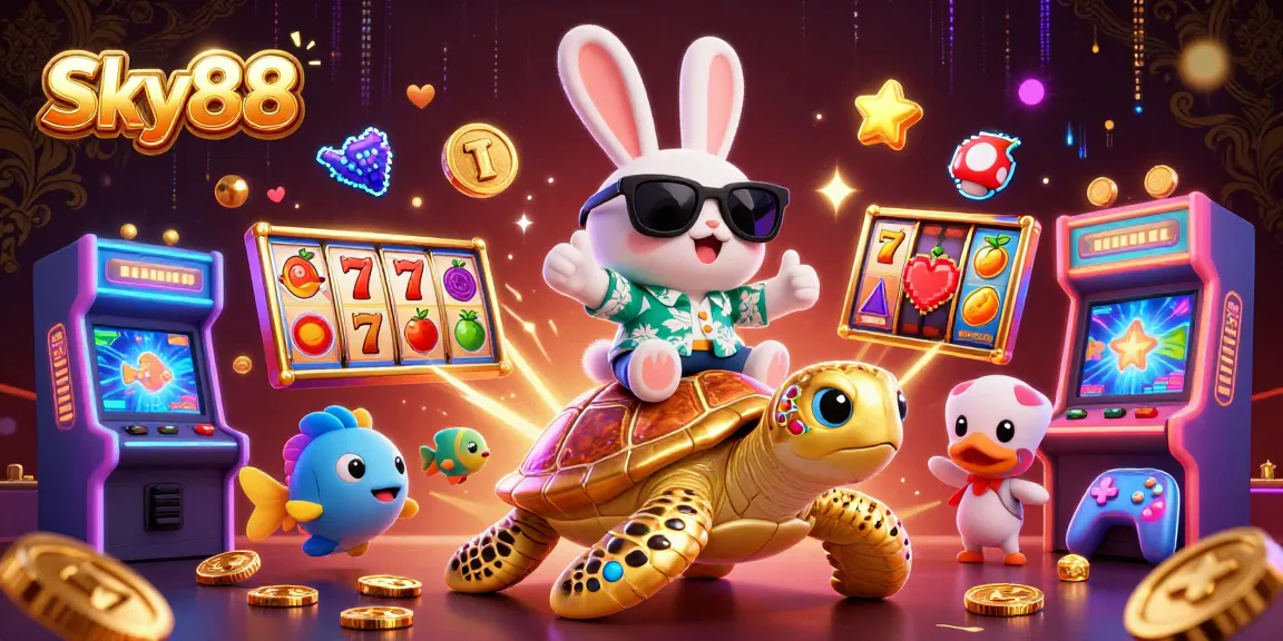 Sky88 showcases an exciting casino scene featuring a lucky rabbit and golden turtle with vibrant slot machines.