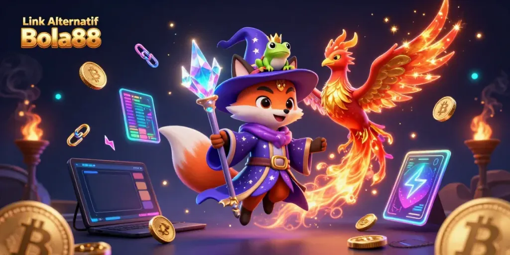Join the excitement with Link Alternatif Bola88 in this vibrant casino illustration featuring fantasy elements and digital currency.