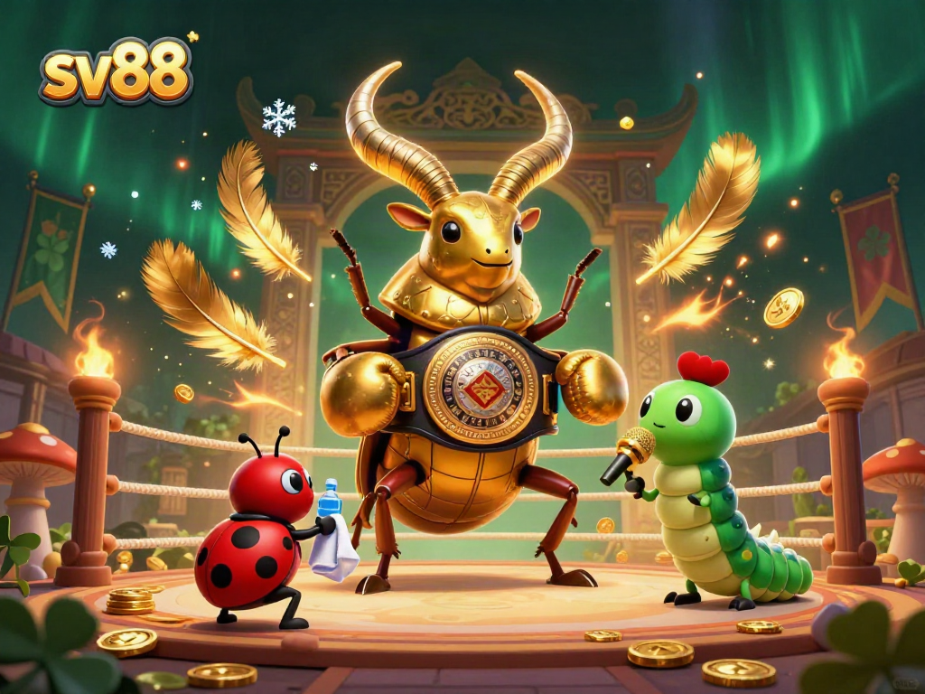 Witness sv88 in action as a giant stag beetle champions the boxing ring, surrounded by vibrant casino elements.