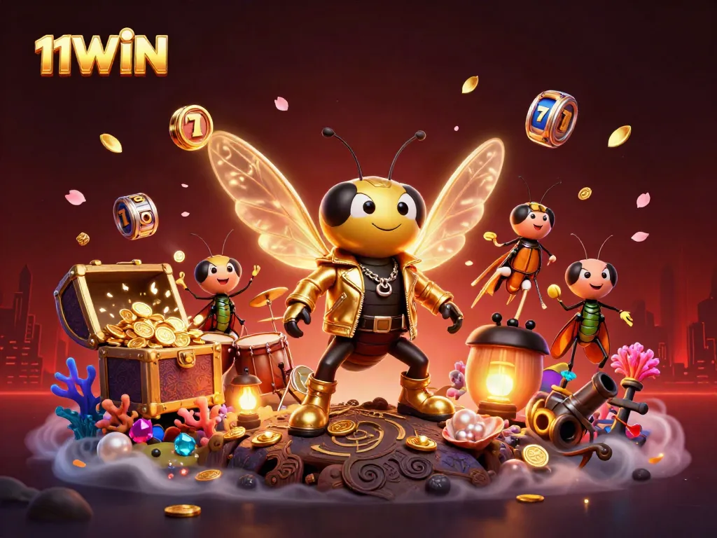Experience the vibrant gaming world of 11WIN with lively characters and dynamic casino elements.