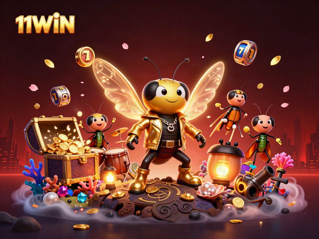 Experience the vibrant gaming world of 11WIN with lively characters and dynamic casino elements.