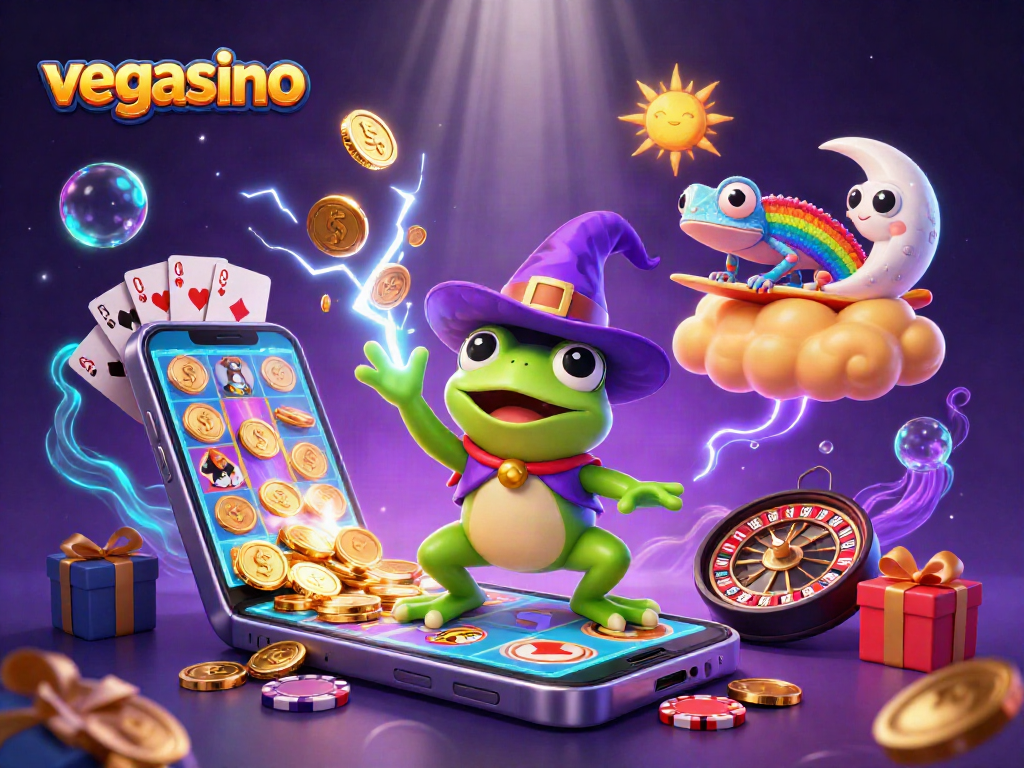 Experience the excitement at vegasino with a dazzling display of golden coins and vibrant 3D game elements.