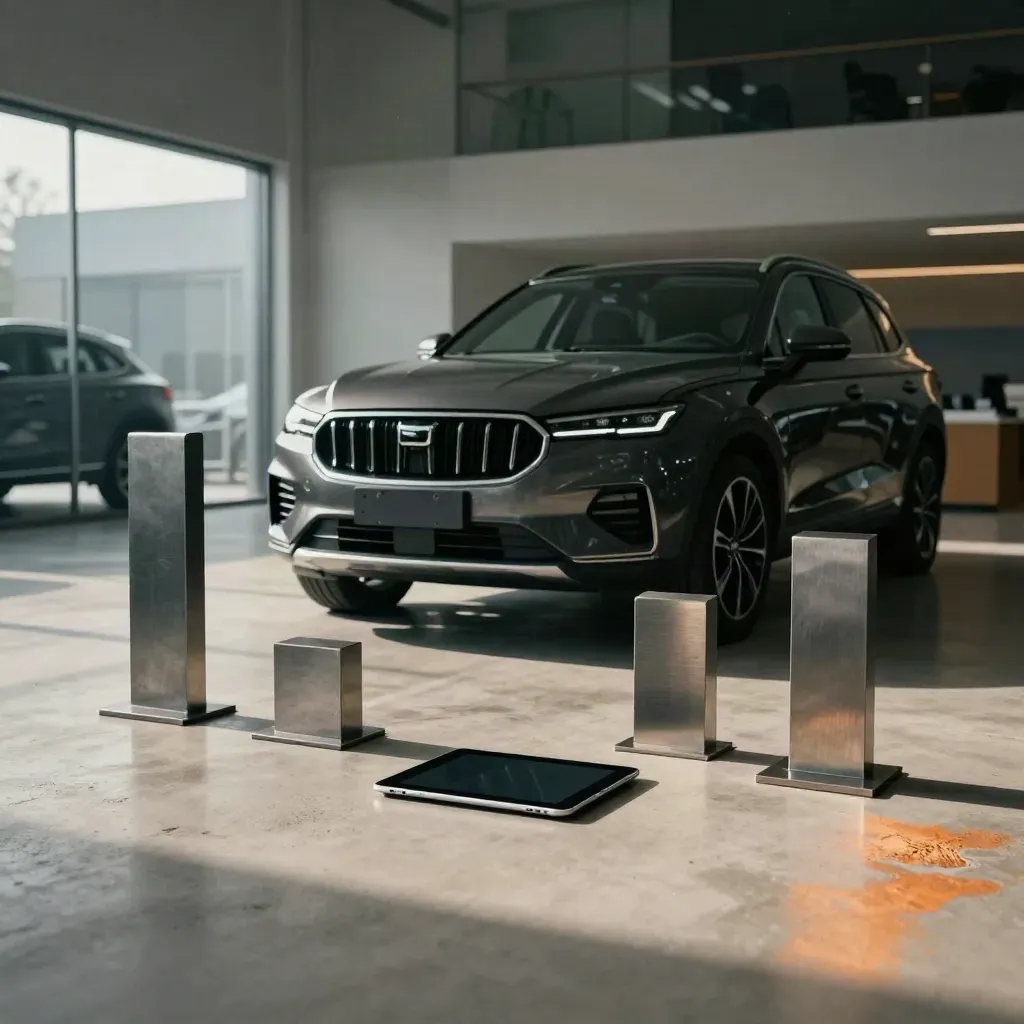 Dunkelgrauer SUV vor Metallstelen und schwarzem Tablet in ruhigem Showroom.