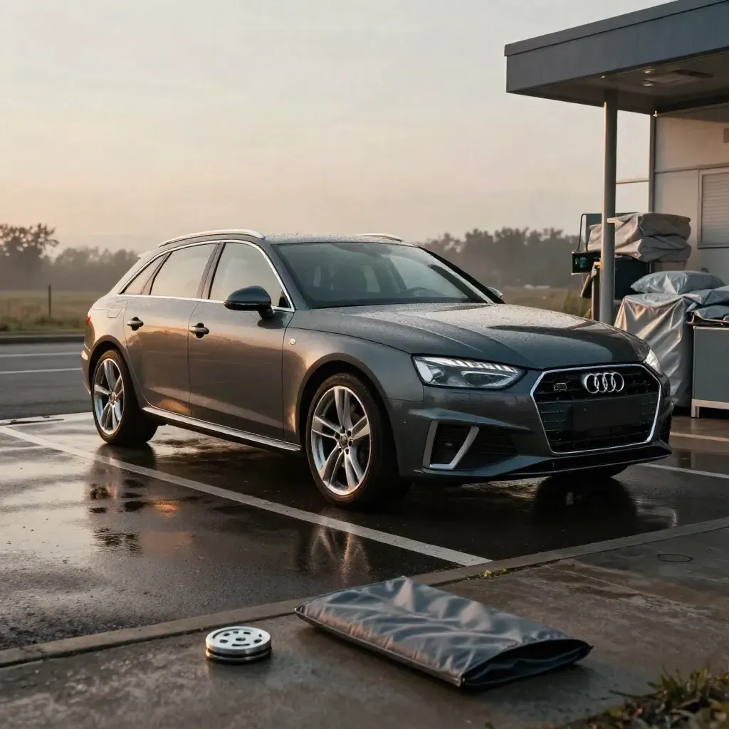 Dunkler Audi A4 Avant an nasser Übergabespur im Abendlicht, bereit zur Auslieferung.