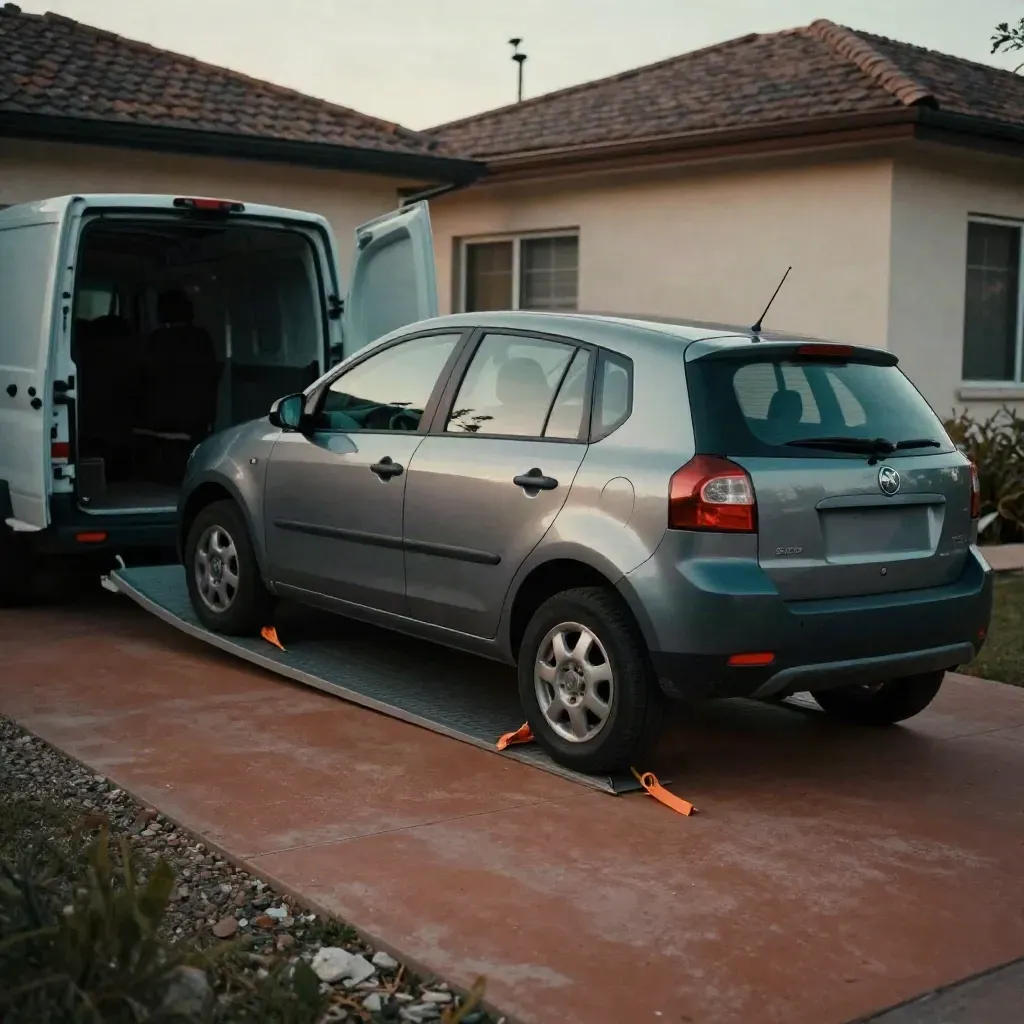 Kompakter Crossover auf Transportrampe vor der Haustür, Lieferwagen im Hintergrund