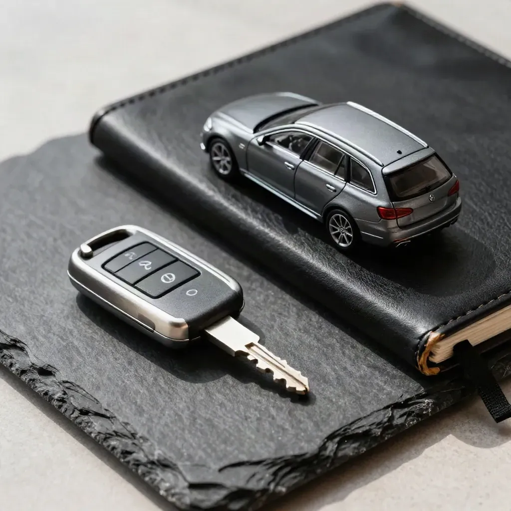 Autoschlüssel, Mini-Kombi und schwarzes Notizbuch auf dunklem Stein im Makrolicht.