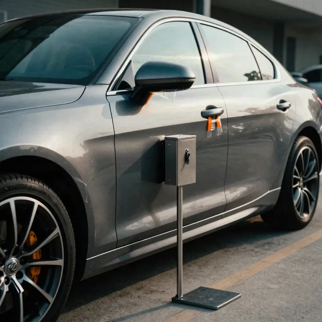 Frisch abgestellter Wagen mit montierten Haltern, geschlossener Schlüsselbox und Schutzfolie im Morgenlicht.