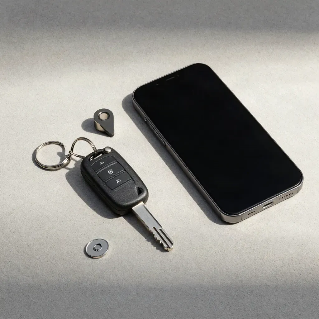 Smartphone, Autoschlüssel und Metallmarker auf hellem Beton für die erste Anfrage.