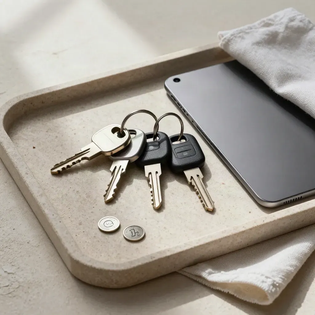 Autoschlüssel, Tablet und Metallchips auf Steinplatte mit weißem Tuch
