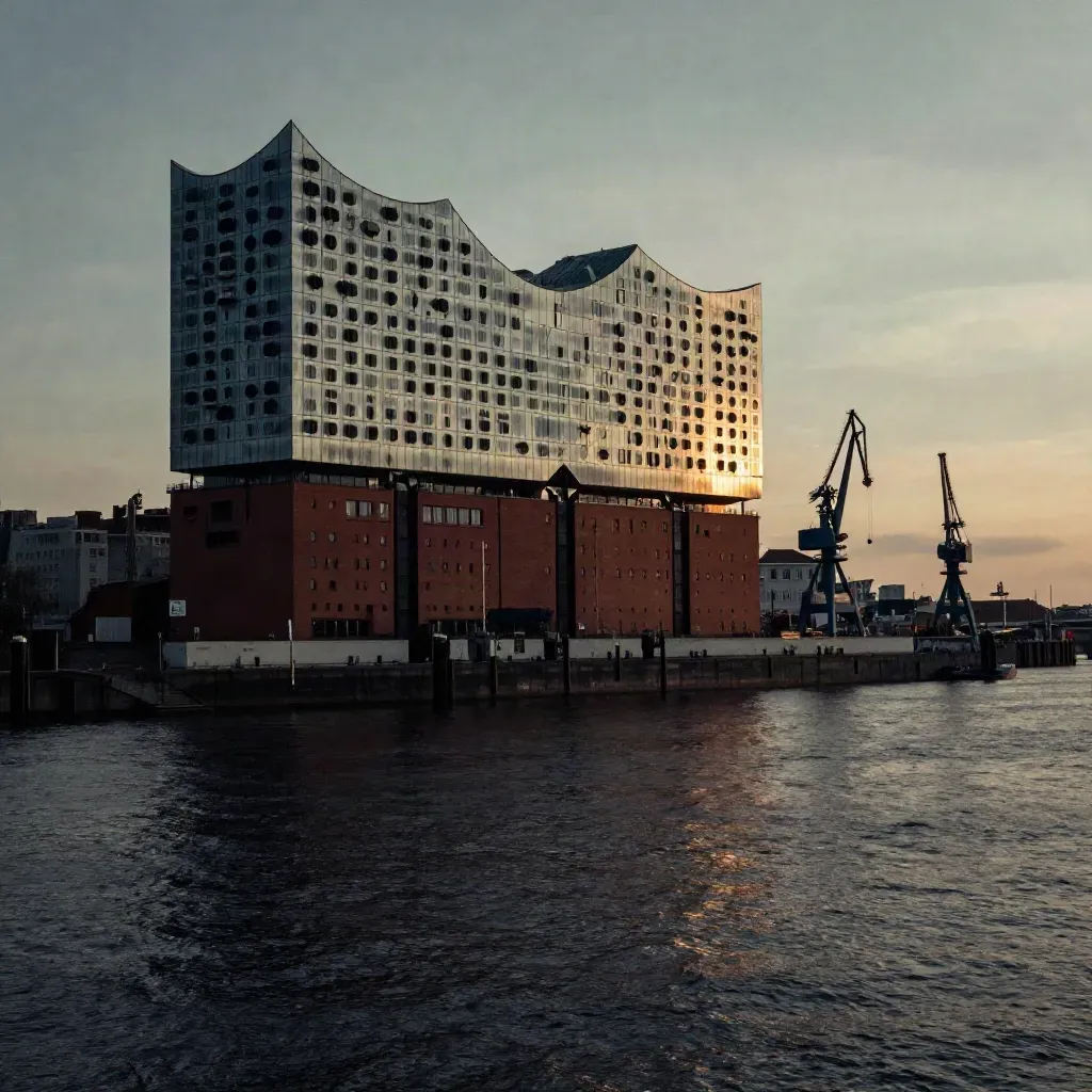 Hamburger Hafenlinie mit Elbphilharmonie, Kränen und ruhigem Wasser im Abendgold.