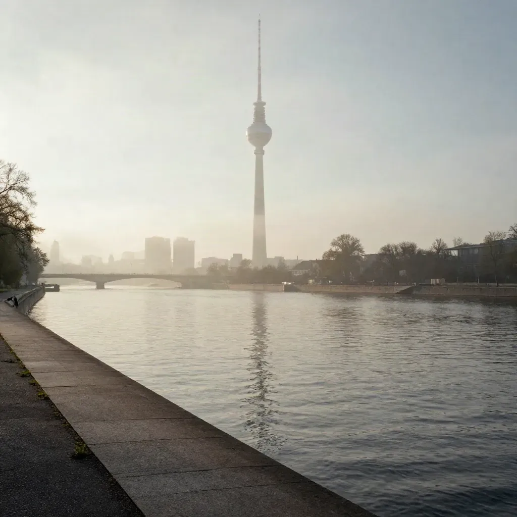 Früher Morgen am Berliner Spreeufer mit Fernsehturm im Nebel und ruhigem Wasser