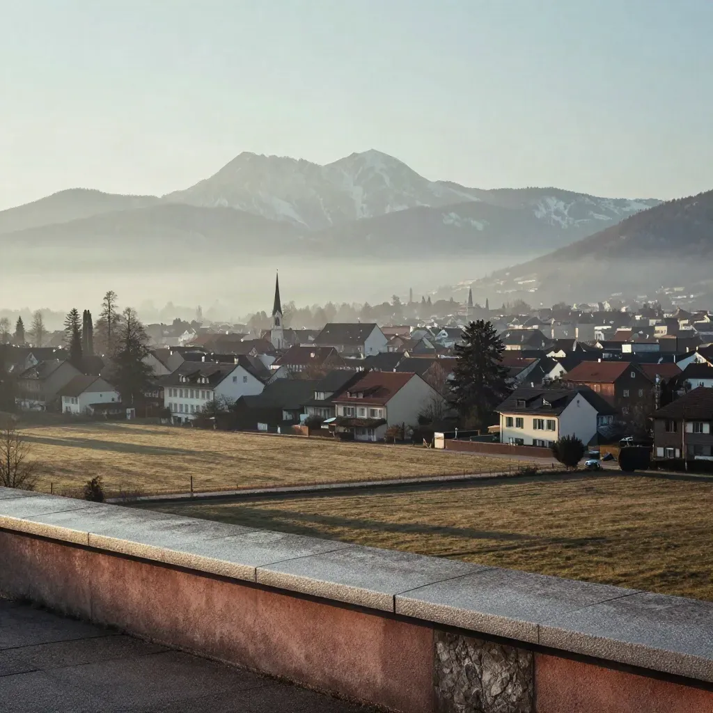 Hell aufragendes Voralpenpanorama über München mit ruhiger Stadtkante und alpinem Horizont.