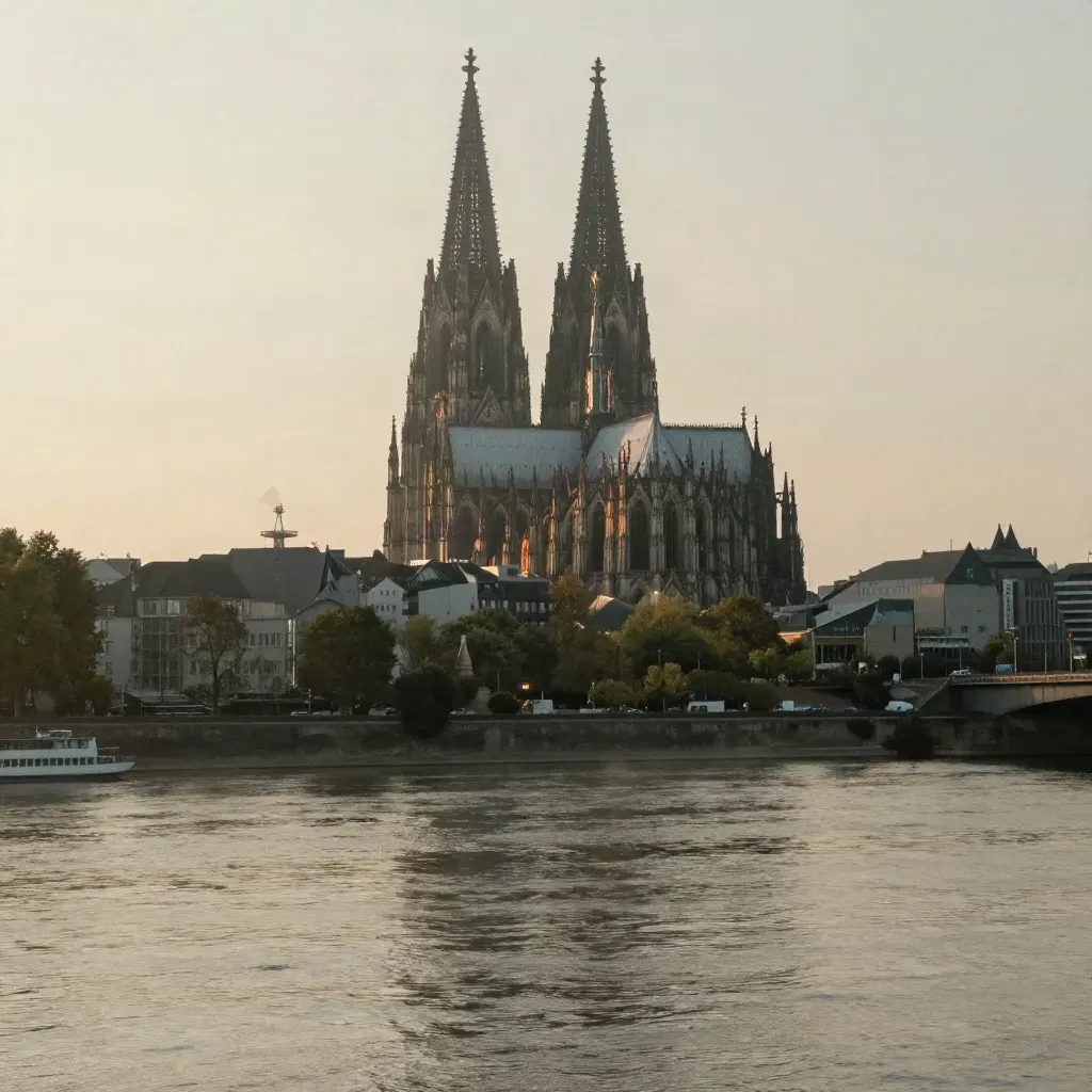 Kölner Dom über dem Rhein im warmen Dunst, ruhige Wasserfläche und viel Freiraum