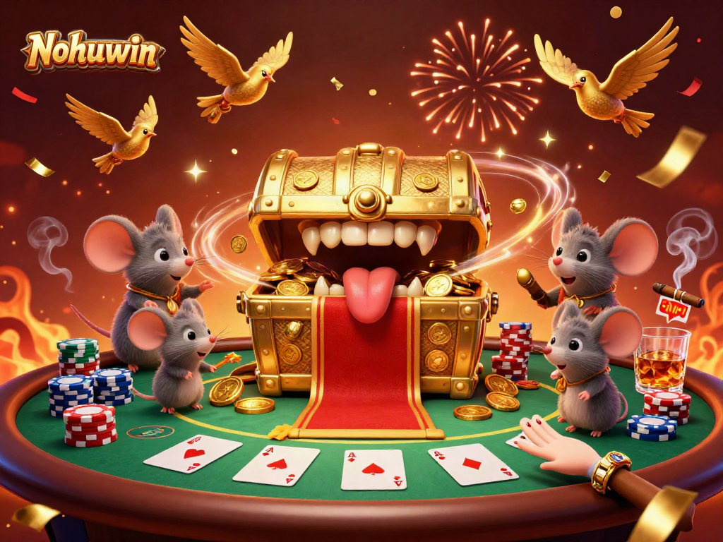 Engage in thrilling slots gameplay with Nohuwin's vibrant 3D treasure chest and poker elements