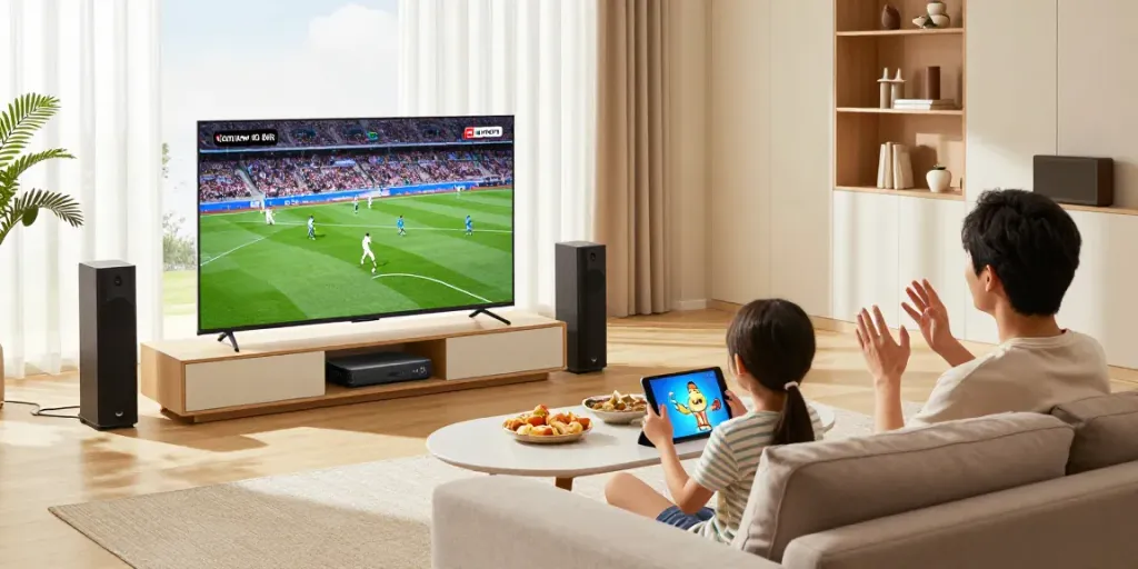 Family enjoying IPTV anbieter Deutschland in a cozy living room while watching live sports and movies.