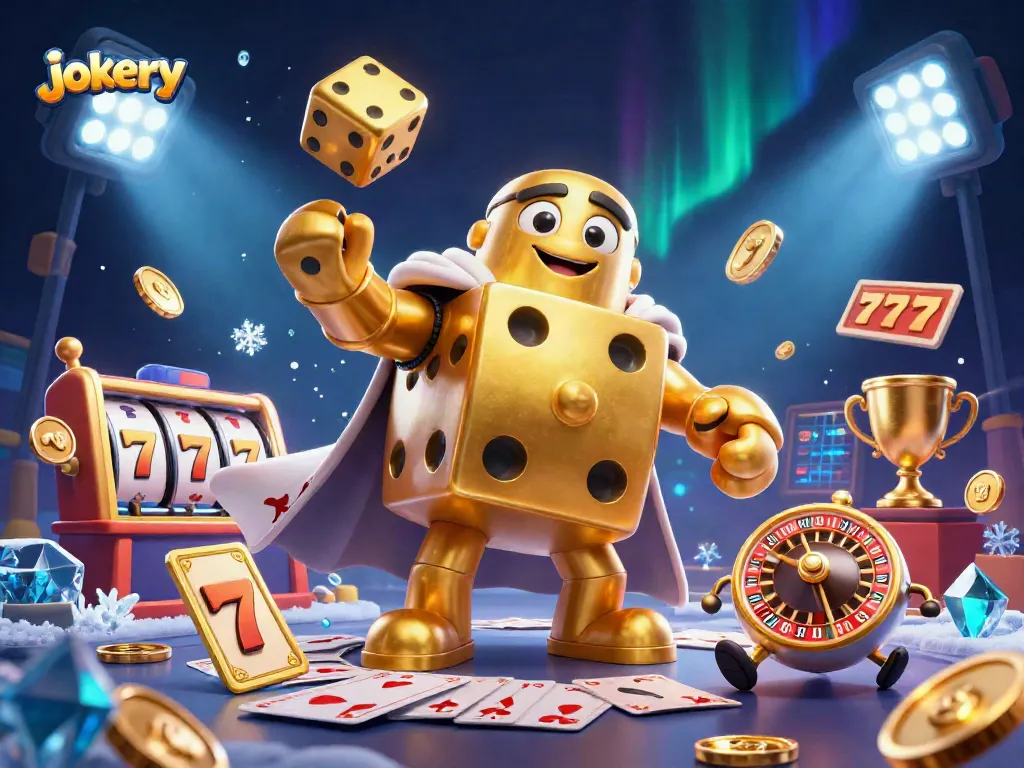 Engage with Jokery's vibrant casino atmosphere of golden dice and dynamic slot elements.