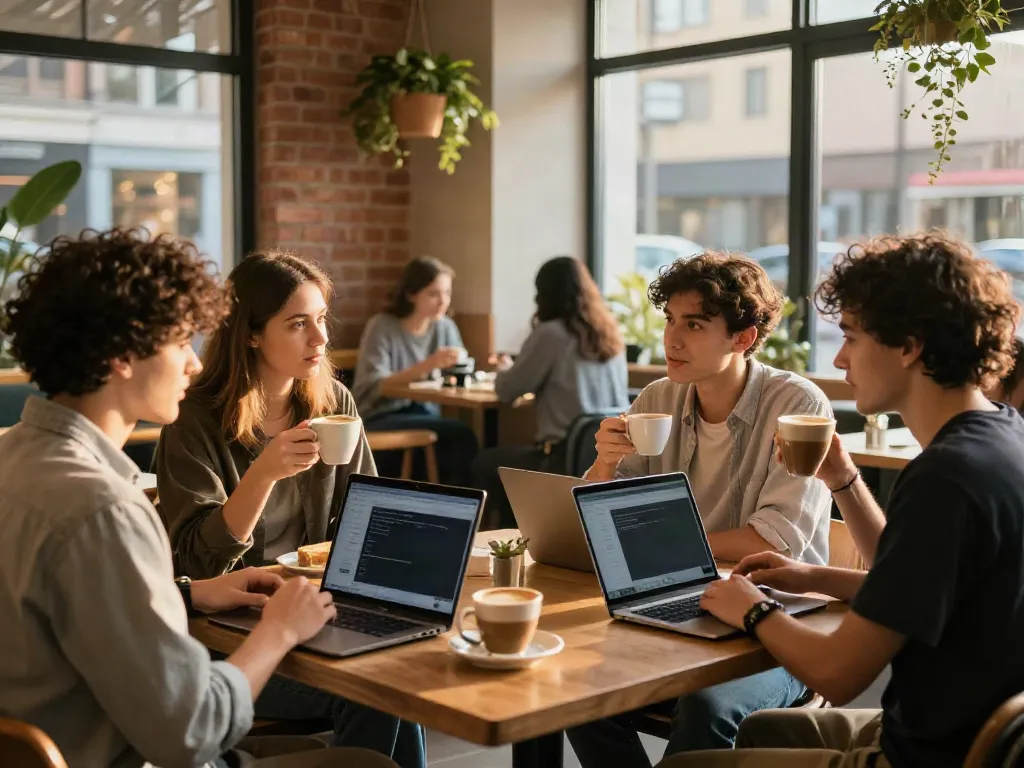Group of friends enjoying coffee in a trendy café while using rokok88 on their laptops