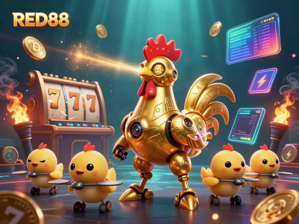 Experience thrilling gameplay with RED88's dynamic slot scene featuring a golden rooster robot and vibrant crypto elements.