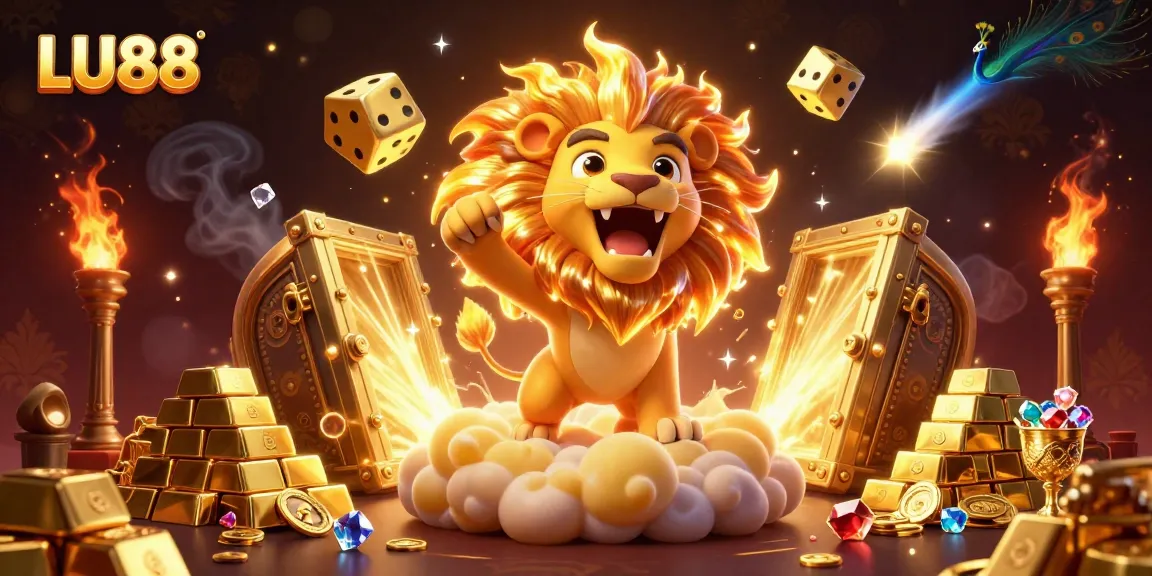 Experience thrilling wins at LU88 with dynamic casino elements featuring a roaring lion and golden treasures.