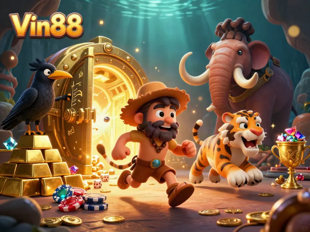 Join Vin88's prehistoric casino with a caveman, sabertooth tiger, and a clever crow amidst treasures and gameplay elements.