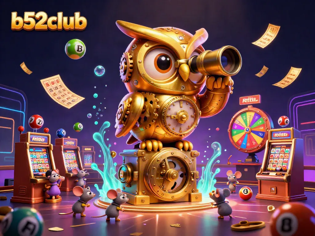 Engage with the vibrant b52club scene featuring a clockwork owl amidst dynamic gaming elements like lottery balls and bingo cards.