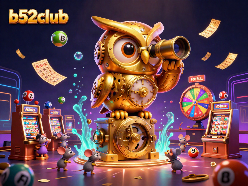 Engage with the vibrant b52club scene featuring a clockwork owl amidst dynamic gaming elements like lottery balls and bingo cards.