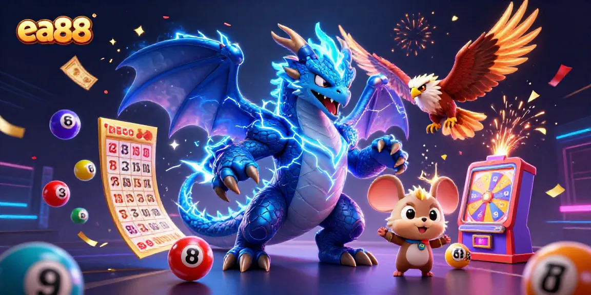 Experience the excitement of ea88 with vibrant lottery elements and energetic characters in a dynamic, festive scene.